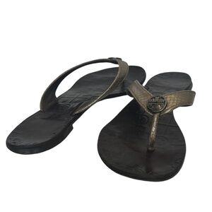 Tory Burch Thora 2 Leather Thong Sandals Pewter Metallic Tumbled Snake Print 7 M